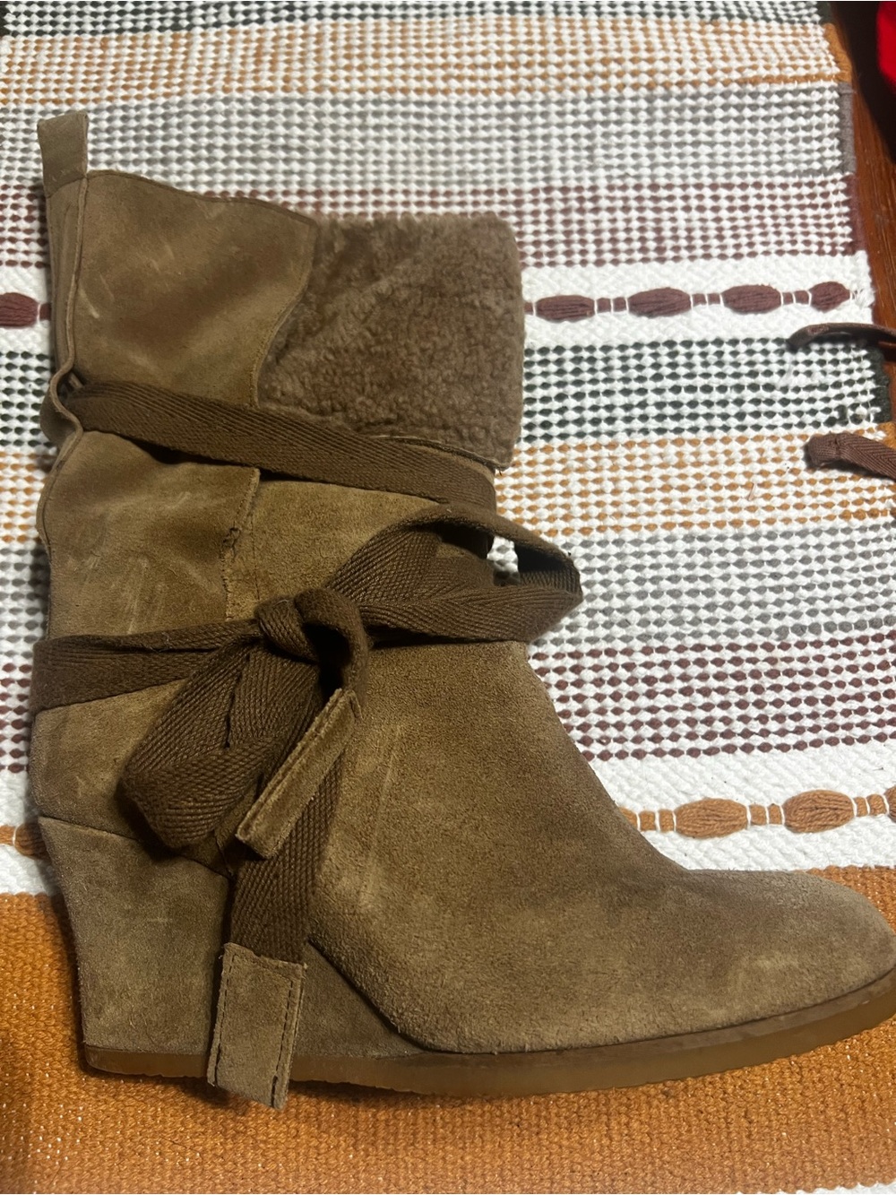 Women's Suede Wedge Boot with Wrap Tie - Brown